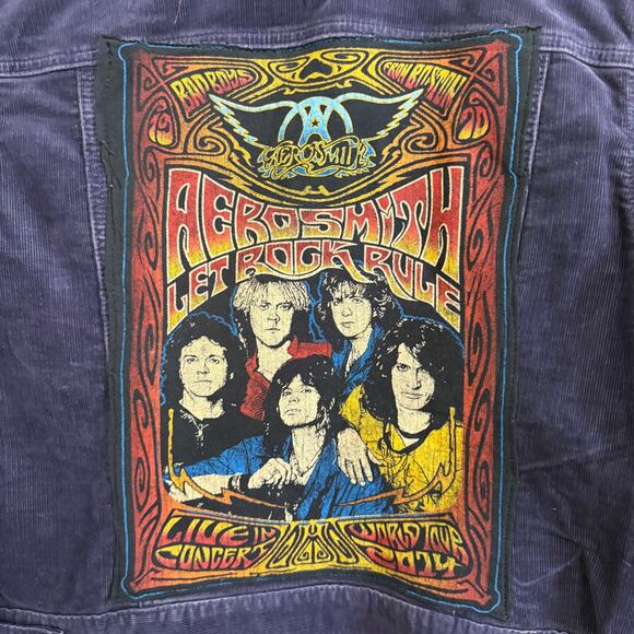 GAP Corduroy Upcycled Trucker Jacket w/Aerosmith Graphic & Flannel Sleeves L - Picture 3 of 12